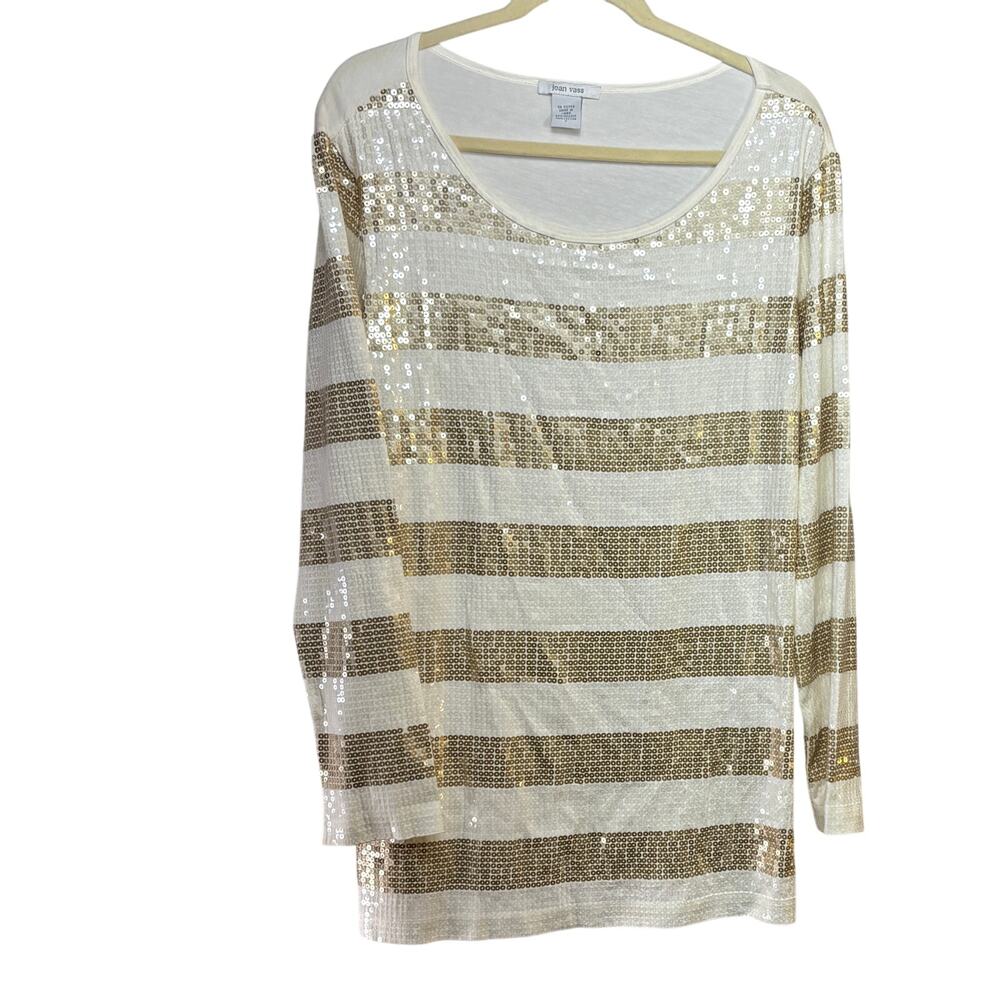 Joan Vass Blouse Tunic Top Tee L/S Cotton Blend Cream Sequins Women's Size 2